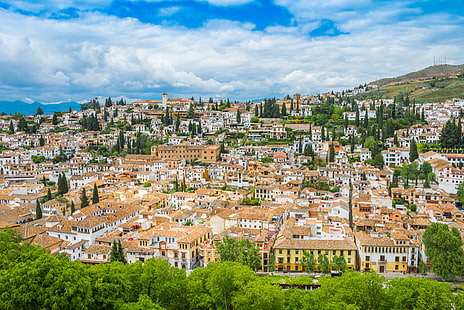 Облака, Дом, Город, Пейзаж, Испания, Андалусия, Гранада, HD обои HD wallpaper
