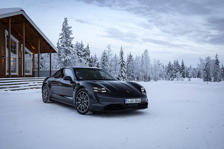 Porsche, Porsche Taycan 4S, черна кола, кола, сняг, спортна кола, превозно средство, зима, HD тапет