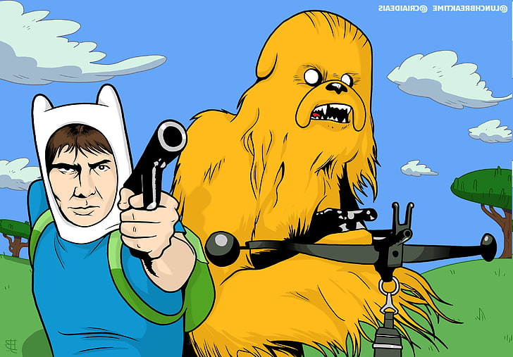 Adventure Time, chewbacca, Crossover, Finn The Human, Han Solo, Jake The Dog, Star Wars, HD wallpaper