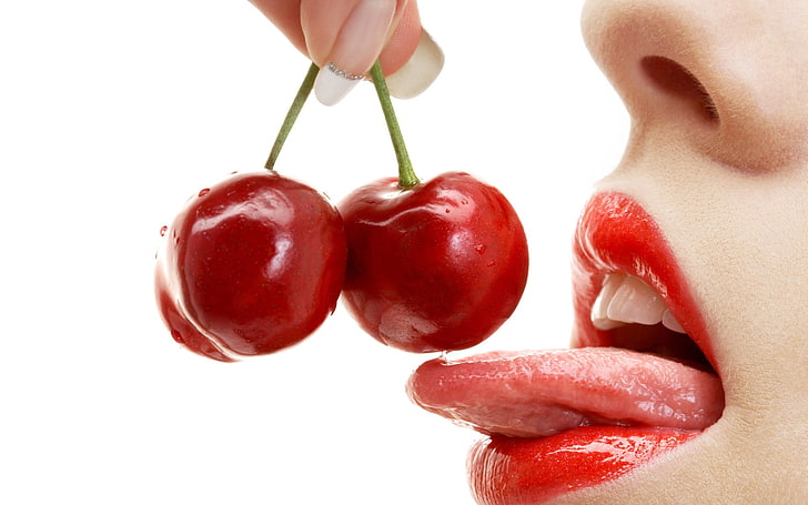 женщины, рты, языки, красная помада, вишня (еда), HD обои