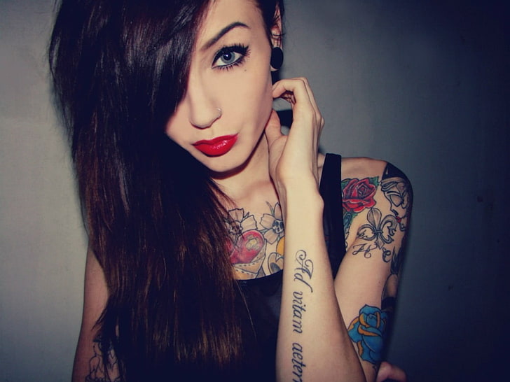 women's black tank top, women, tattoo, blue eyes, face, model, red lipstick, HD wallpaper