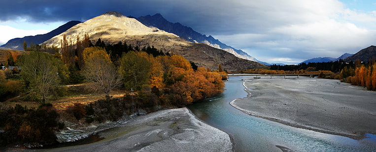 landscape photography of trees near river and mountain, shotover river, otago, shotover river, otago, Shotover River, Otago NZ, landscape photography, trees, mountain, Sony DSLR-A580, Braided river, Public Domain, Dedication, CC0, geo tagged, photos, nature, autumn, landscape, scenics, outdoors, snow, lake, travel, beauty In Nature, HD wallpaper HD wallpaper