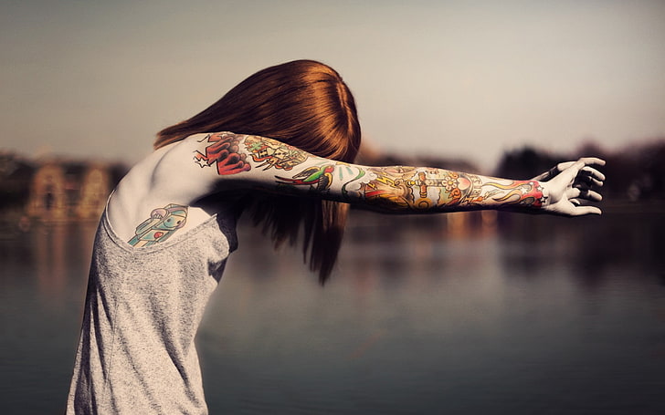orange cross forearm tattoo, tattoo, pale, redhead, women, women outdoors, HD wallpaper