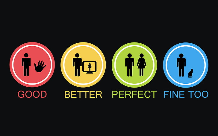 good, better, perfect, and fine too logo, Good Better Perfect Fine Too artwork, humor, typography, minimalism, black background, digital art, A Cat is Fine Too (not really, couldn't skip the joke), HD wallpaper