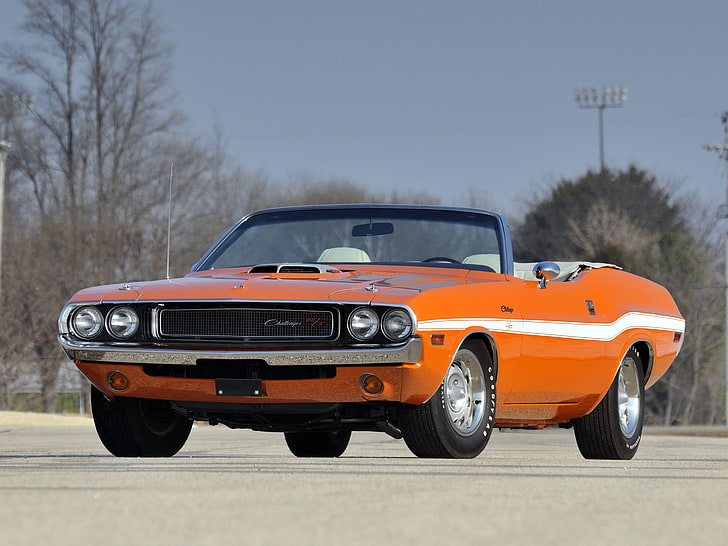 orange convertible coupe, retro, convertible, muscle car, Dodge, classic, challenger, 1970, HD wallpaper