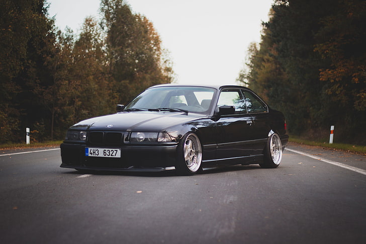black BMW coupe, Road, BMW, oldschool, 3 series, E36, Stance, HD wallpaper