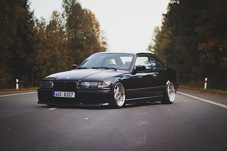 BMW coupe negro, Road, BMW, oldschool, 3 series, E36, Stance, Fondo de pantalla HD HD wallpaper
