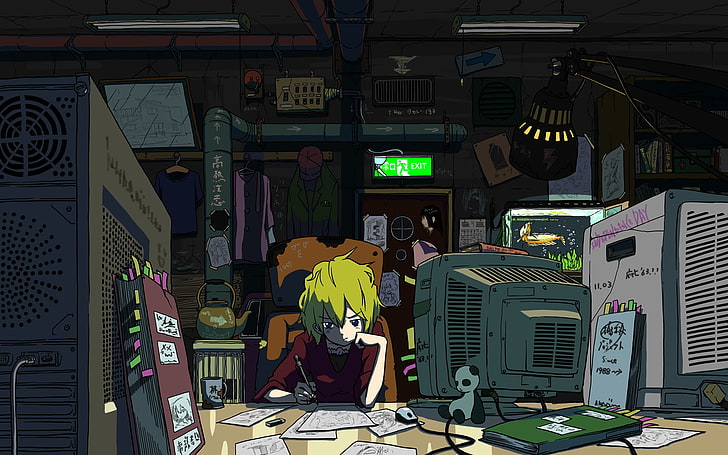 boy writing in front of CRT TV illustration, anime, computer, HD wallpaper