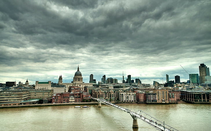paesaggio urbano, costruzione, fiume, ponte, nuvole, Londra, Millennium Bridge, Sfondo HD