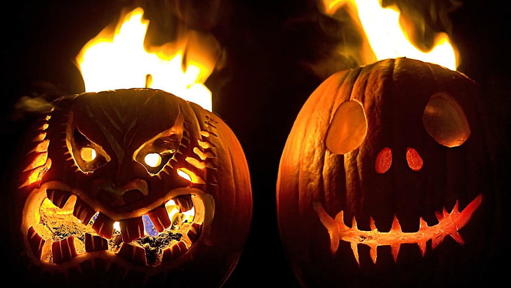 halloween, pumpkin, decoration, jack o lantern, lighting, cucurbita, flame, fire, HD wallpaper