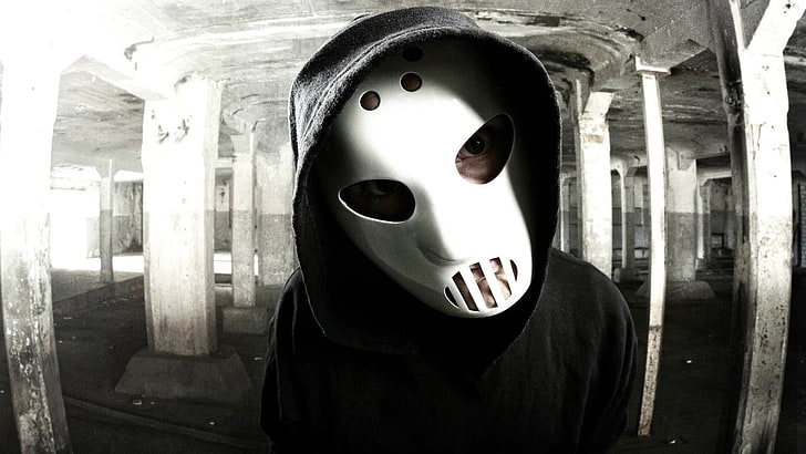 white face mask and black hoodie top, Angerfist, hockey mask, mask, EDM, portrait, HD wallpaper