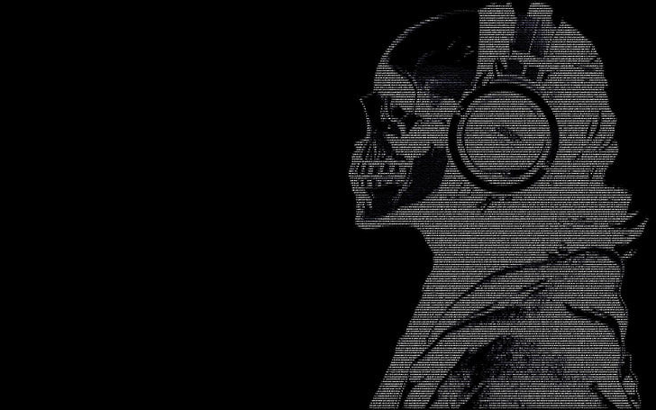 ascii, black, Dark, guy, hackers, headphones, skulls, text, HD wallpaper