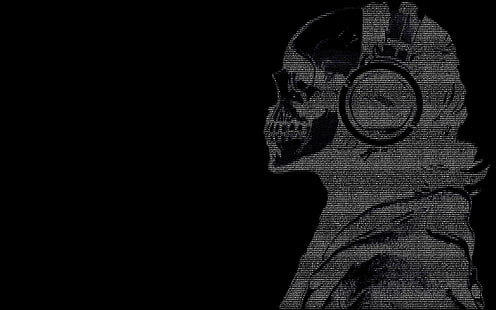 ascii, black, Dark, guy, hackers, headphones, skulls, text, HD wallpaper HD wallpaper
