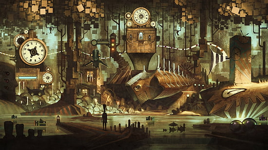 fantasy art, city, dark, steampunk, machine, industry, industrial plant, HD wallpaper HD wallpaper