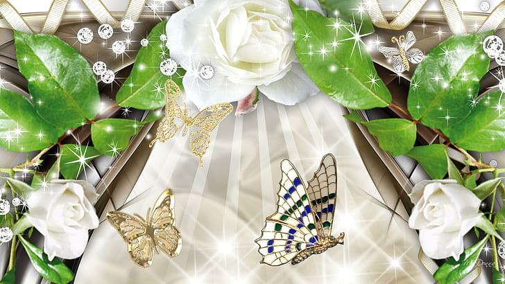 White Rose Sparkle, white roses, stars, leaves, butterfly, sparkle, flowers, shine, summer, glow, butterflies, jewels, 3d, HD wallpaper