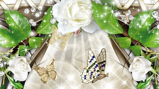 White Rose Sparkle, roses blanches, étoiles, feuilles, papillon, éclat, fleurs, éclat, été, lueur, papillons, bijoux, 3d, Fond d'écran HD HD wallpaper