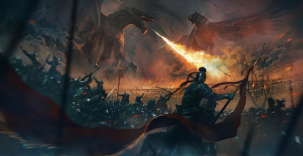 digital art, army, dragon, fire, flag, fantasy art, warrior, HD wallpaper HD wallpaper