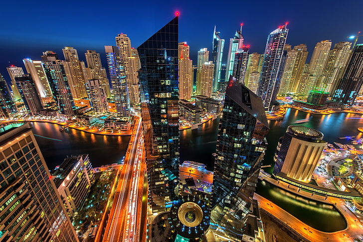 horizonte de la ciudad, ciudad, paisaje urbano, noche, Dubai, Emiratos Árabes Unidos, agua, arquitectura, edificio, moderno, luces, reflexión, larga exposición, carretera, vista aérea, Fondo de pantalla HD