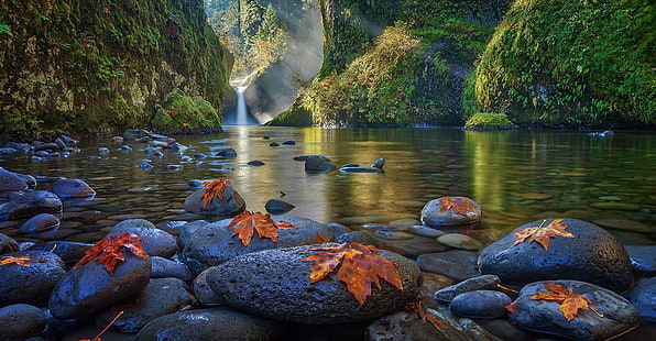 Landschaftsfotografie von Steinen auf Gewässer, Natur, Landschaft, Fluss, Wasserfall, HD-Hintergrundbild HD wallpaper