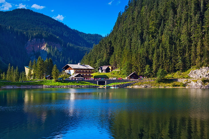 Австрия, 4K, Къща на езеро, планини Алпи, HD тапет