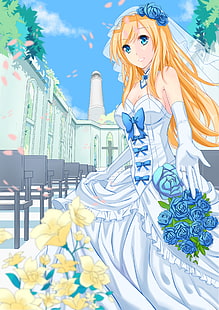 anime, garotas anime, Zhanjian Shaonu, decote, vestido, vestido de noiva, cabelos longos, loira, olhos azuis, camisa aberta, flores, HD papel de parede HD wallpaper