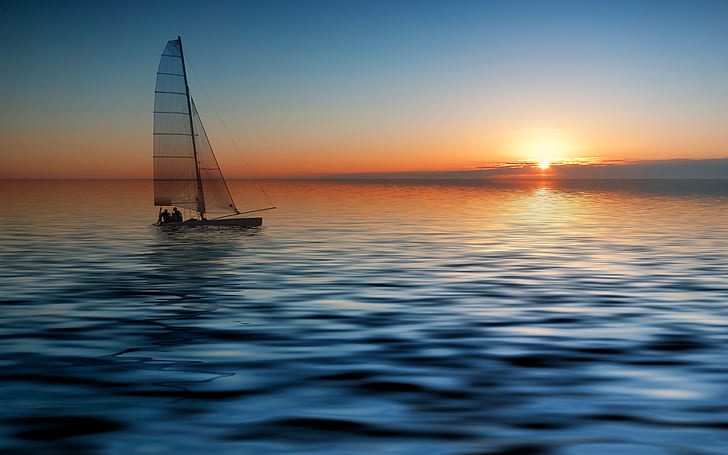 Matahari terbenam, Perahu, Laut, Wallpaper HD