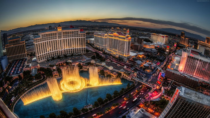 Bellagio, Nevada, Las Vegas, travel, vacation, booking, sunset, fountain, lights, night, Usa, casino, HD wallpaper