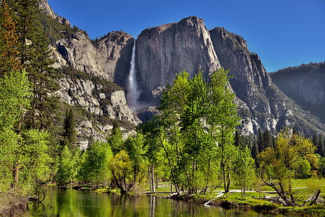 Angel Falls, merced river, merced river, Waterfall, Mountain Peaks, Trees, Setting, Merced River, Angel Falls, Blue Skies, Capture, NX2, Edited, Central, Yosemite, Sierra, Color, Pro  Day, Day 4, Grassy, Meadow, Hillside, Indian, Canyon, Landscape, NE, River  Mountains, Distance, Nature, Nikon D800E, Pacific Ranges, River, Riverbank, Sierra Nevada, Trip, Paso Robles, Upper, Yosemite Fall, Waterfalls, Yosemite Falls, Yosemite National Park, Point, Yosemite Valley, United States, mountain, forest, scenics, tree, outdoors, rock - Object, water, beauty In Nature, HD wallpaper HD wallpaper