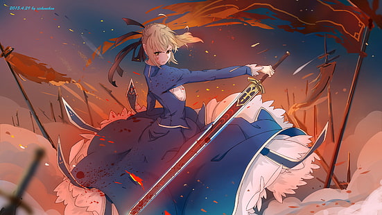 アニメ、アニメの女の子、Fate / Stay Night、セイバー、血、ドレス、剣、短い髪、金髪、武器、 HDデスクトップの壁紙 HD wallpaper