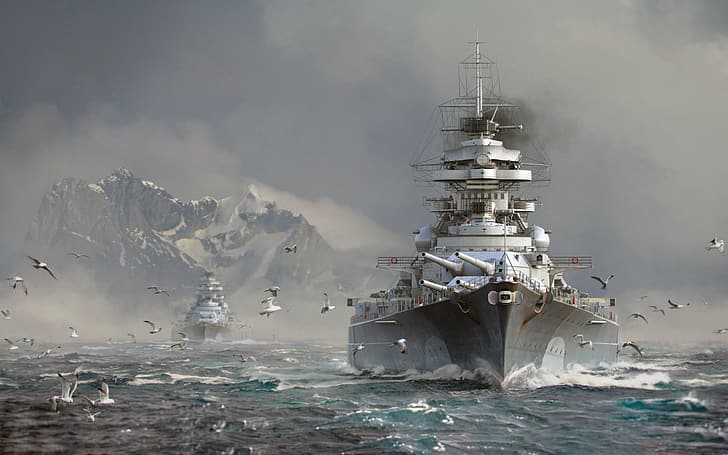 Bismarck (ship), World of Warships, artwork, ship, Battleships, warship, sea, mountains, Tirpitz, HD wallpaper