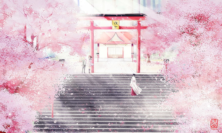 red torri gate illustration, Anime, Noragami, Brown Hair, Cherry Blossom, Dress, Long Hair, Petal, Shrine, Yato (Noragami), Yukine (Noragami), HD wallpaper