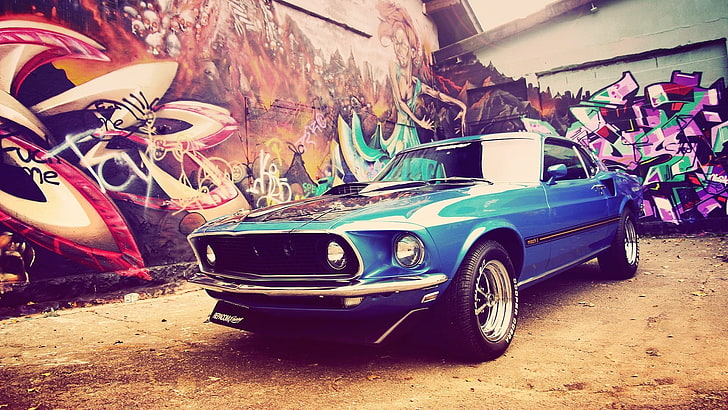 blue coupe, Ford, Ford Mustang, graffiti, car, Ford Mustang Mach 1, muscle cars, blue cars, vehicle, HD wallpaper