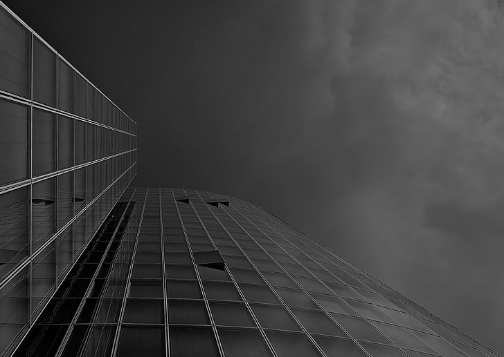 low angle photography of high rise building, architecture, low angle, photography, high rise building, Düsseldorf, bandw, urban, skyscraper, built Structure, window, office Building, building Exterior, urban Scene, modern, business, futuristic, reflection, sky, glass - Material, tower, black And White, city, downtown District, facade, steel, tall - High, construction Industry, HD wallpaper