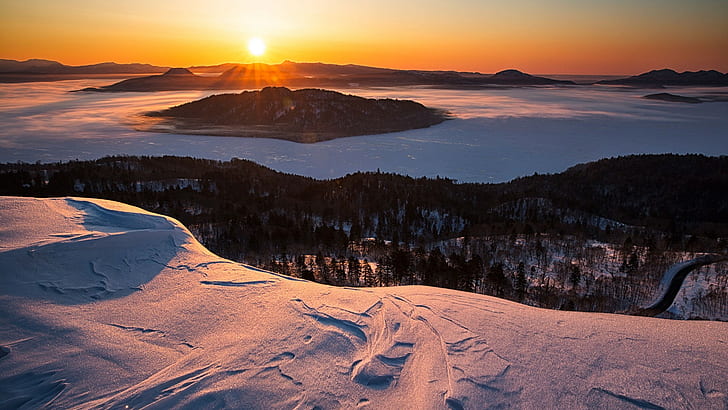 paisaje, nieve, invierno, montañas, cielo anaranjado, puesta del sol, Fondo de pantalla HD
