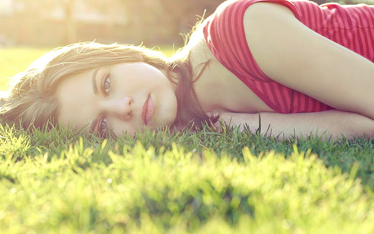grass, brunette, sunlight, women, women outdoors, lying down, blue eyes, HD wallpaper