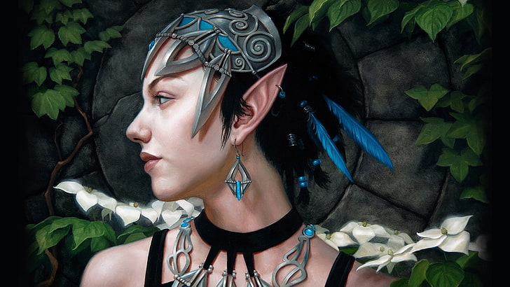 szaro-niebieskie nakrycie głowy damskie, fantasy art, elfy, Tapety HD