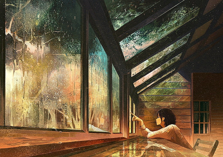 жена, седнала на стол, докато гледа към стъклен прозорец произведения на изкуството, аниме, дъжд, пейзаж, HD тапет