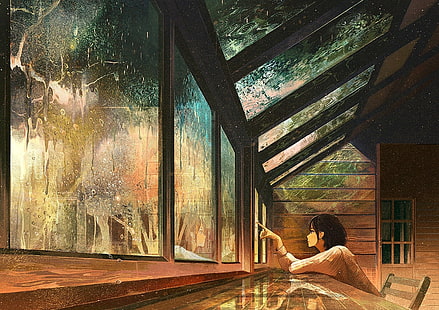 유리 창 작품, 애니메이션, 비, 풍경을 보면서 의자에 앉아있는 여자, HD 배경 화면 HD wallpaper