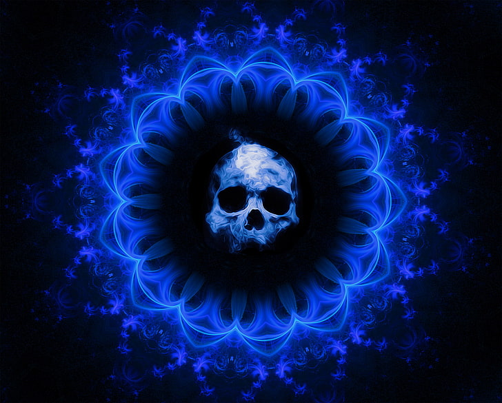 blaue Schädelillustration, Schädel, gotisch, Muster, blauer, dunkler Hintergrund, HD-Hintergrundbild