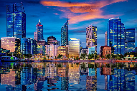 Miasta, Perth, Australia, Budynek, Miasto, Odbicie, Drapacz chmur, Zachodnia Australia, Tapety HD HD wallpaper