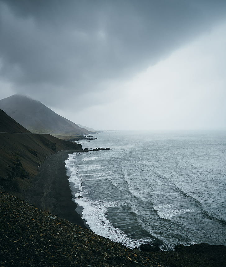 ocean, mgła, morze, skały, kamienie, kamyki, Tapety HD, tapety na telefon