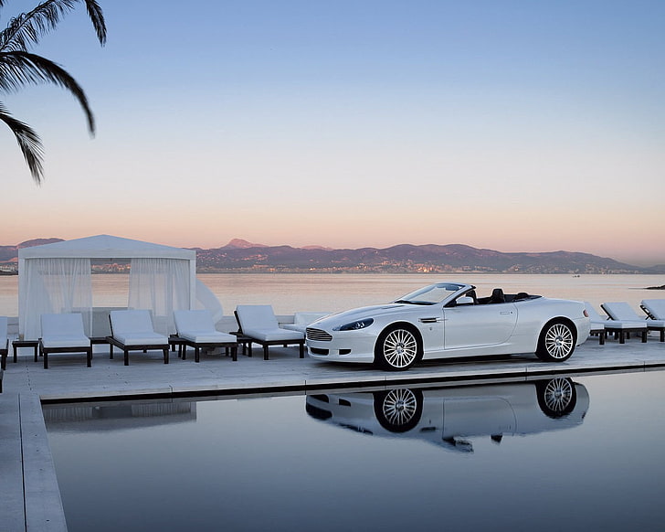 biały kabriolet coupe, biały, basen, Bentley, Tapety HD