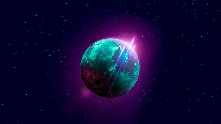 green planet digital wallpaper, space, stars, planet, purple background, retrowave, dark, dark background, blue, HD wallpaper