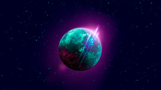 зеленая планета цифровые обои, космос, звёзды, планета, фиолетовый фон, ретивик, темный, темный фон, синий, HD обои HD wallpaper