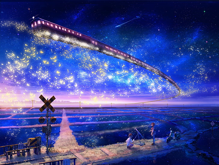 floating train wallpaper, train, train station, night, anime, artwork, stars, HD wallpaper