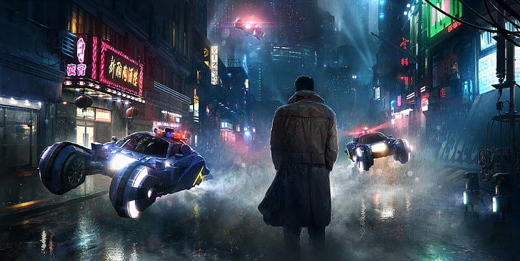 hombre en fondo de pantalla de juego de abrigo largo marrón, ficción, lluvia, la película, calle, gente, arte, distopía, futuro, transporte, Blade Runner, Fondo de pantalla HD