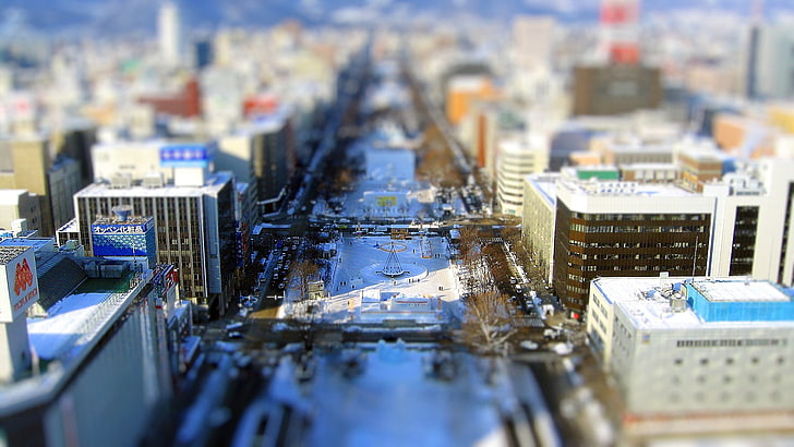 аэрофотосъемка побега города в дневное время, макросъемка городских миниатюр, сдвиг наклона, городской пейзаж, Саппоро, Япония, HD обои
