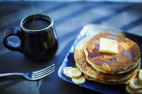 cup, pancakes, food, breakfast, HD wallpaper HD wallpaper