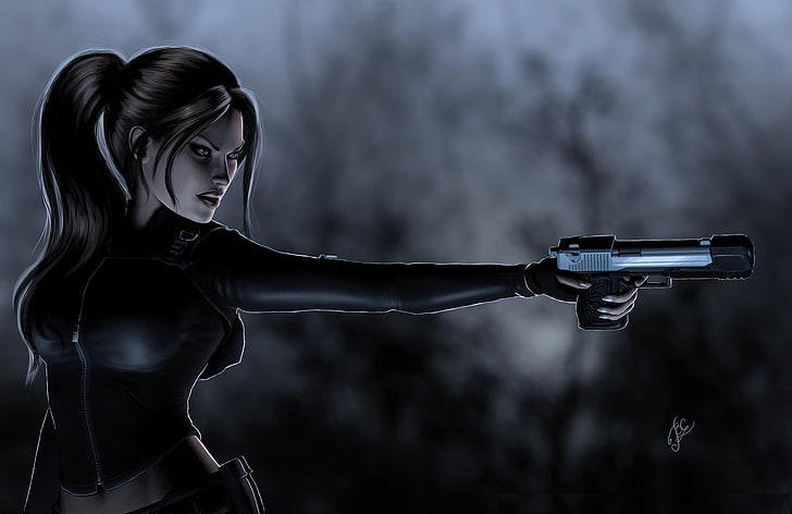 امرأة ترتدي قميصًا أسود طويل الأكمام تحمل رسمًا للمسدس ، نظرة ، بندقية ، أسلحة ، شعر ، يد ، فن ، تومب رايدر ، لارا كروفت ، ذيل حصان ، فن وجه، خلفية HD