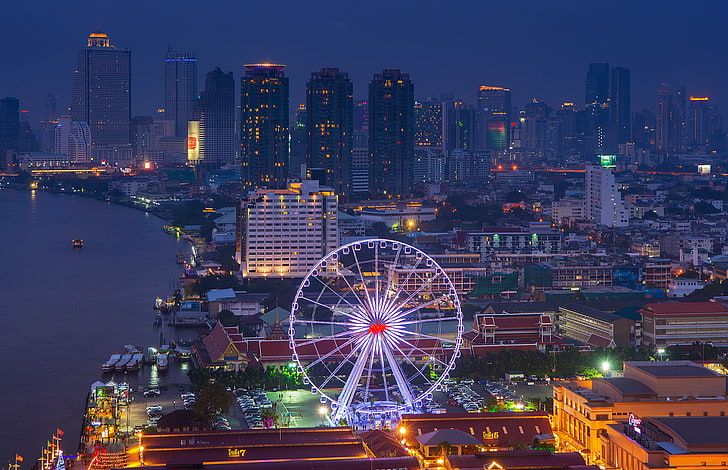 аэрофотосъемка Сингапура Флаер, Таиланд, Бангкок, столица, мегаполис, ночной город, небоскребы, река, дома, здания, колесо обозрения, HD обои